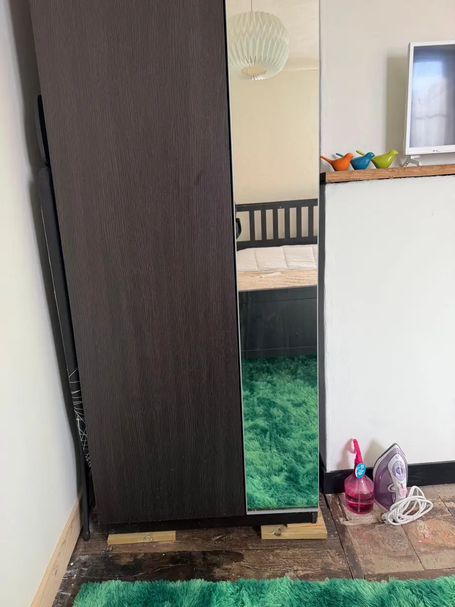 The iron standing on the floor beside a dark wardrobe with a mirrored door, next to a green rug