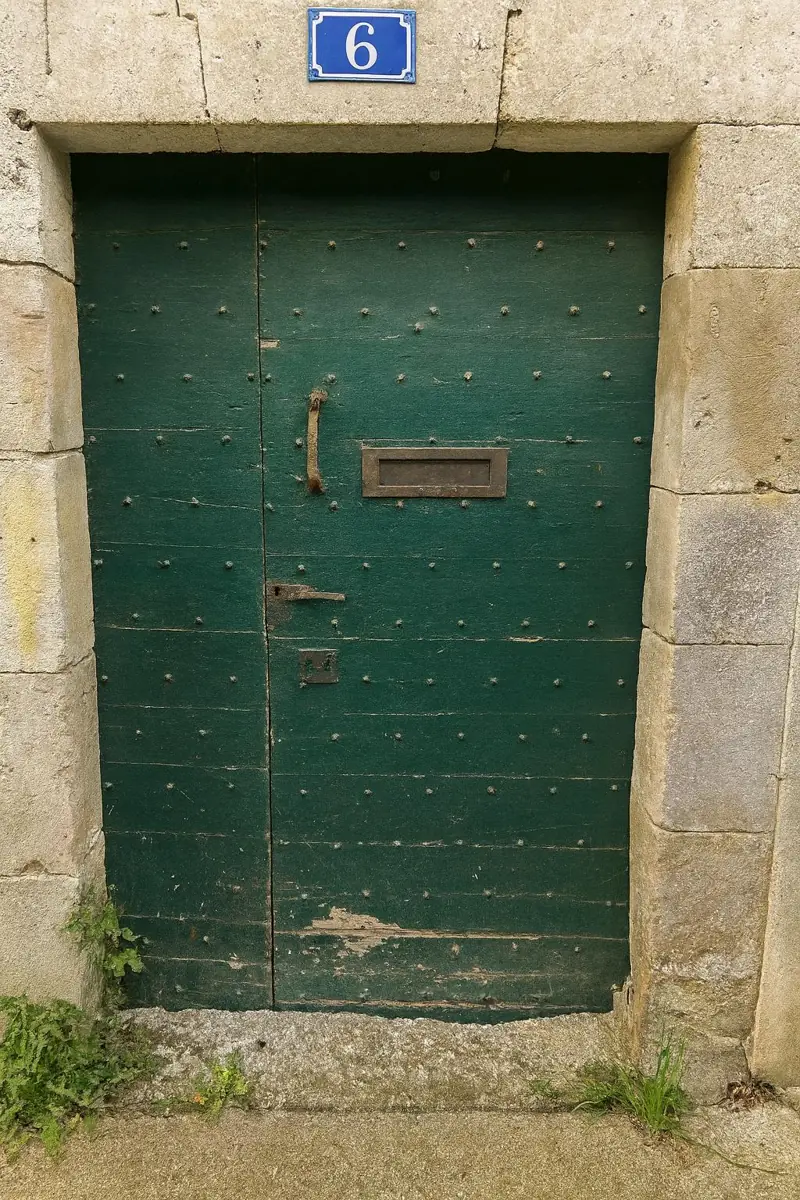 The old green studded front door set into a pale stone frame, with the blue number 6 plaque above it