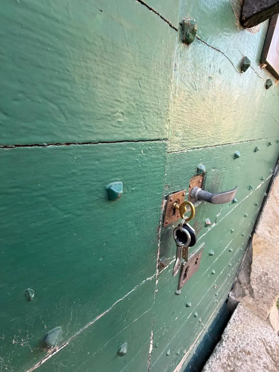 Close-up of the key turned in the lock of the green door, just below the lever handle