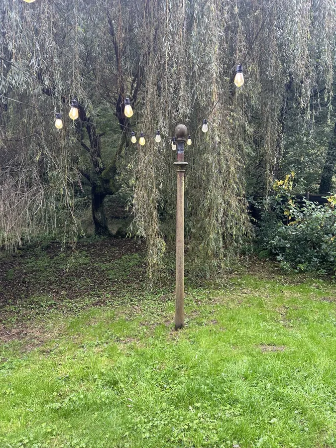 A tall garden lamp standing on the lawn in front of the big willow tree
