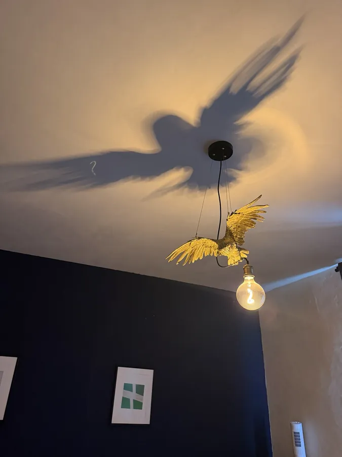 A gilded bird-shaped pendant light and its shadow on the bedroom ceiling