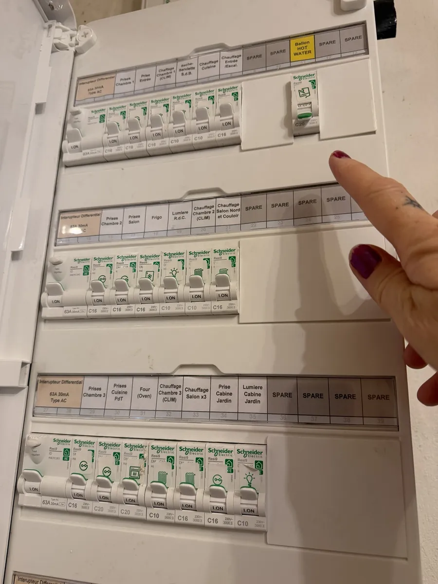 The house consumer unit with labelled circuits, a hand pointing to the hot water switch