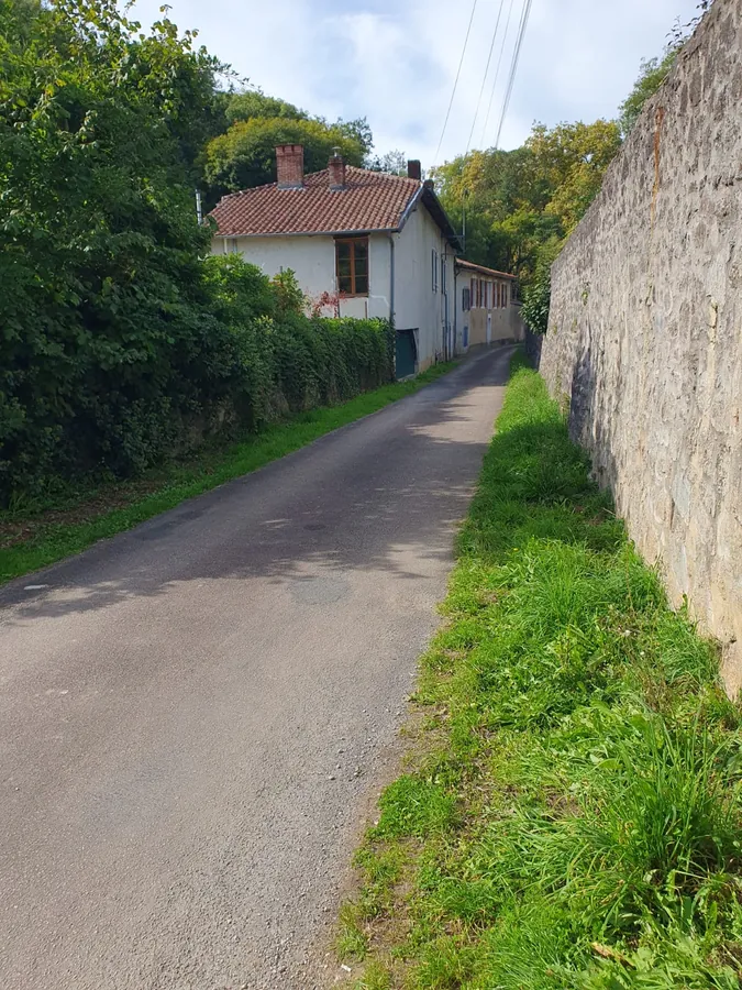 A narrow tarmac lane climbing between a high stone wall and a grass verge, with the house roofs ahead