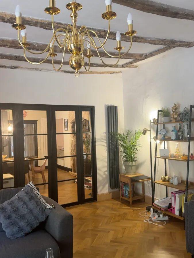 The lounge looking towards black-framed glazed doors, with shelving, plants and the brass chandelier