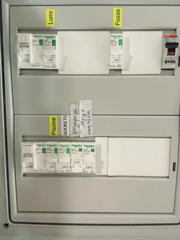 The garage electrical board behind a clear cover, with circuits labelled Lumi, Fosse, Piscine and Sockets