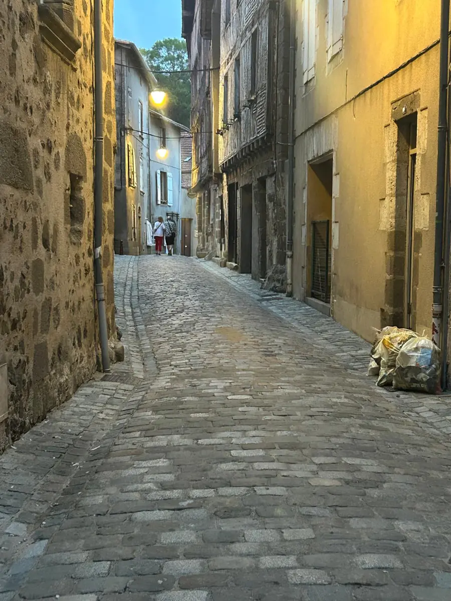 A steep cobbled street between old stone houses, lit by street lamps in the early evening